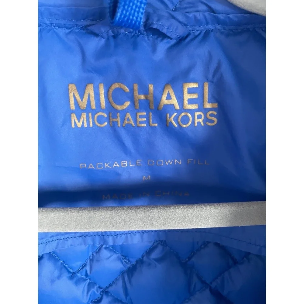 Michael Kors Womens Packable Down Puffer Jacket Blue Diamond Quilted Gold Zip‎ M